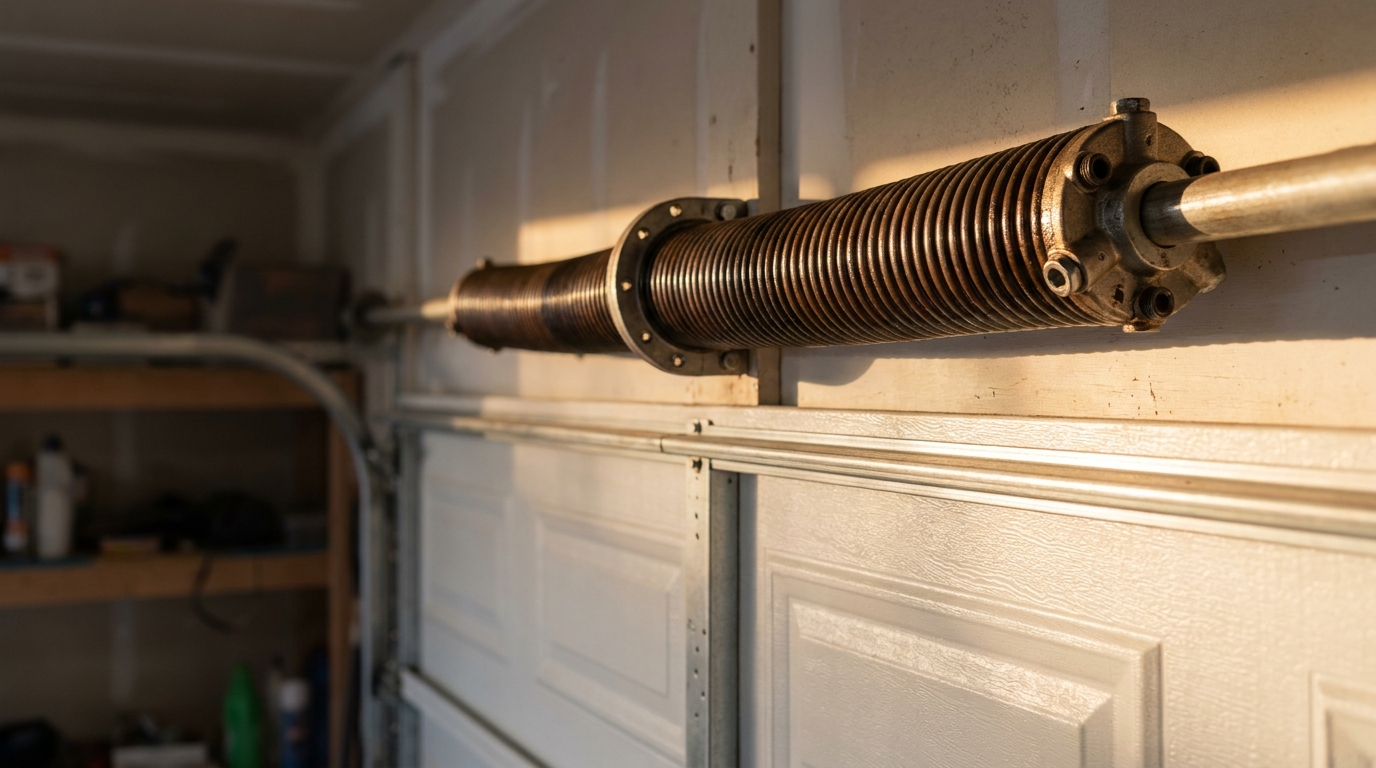 Technician replacing garage door torsion spring